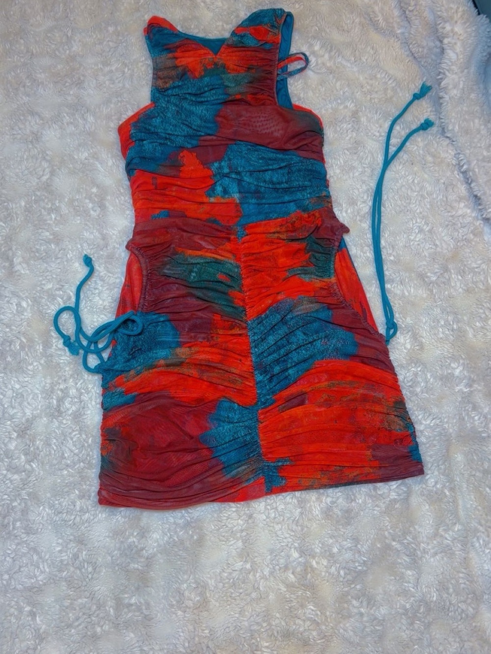 Andrea Iyamah Teal & Red Abstract Ruched Mini Dress